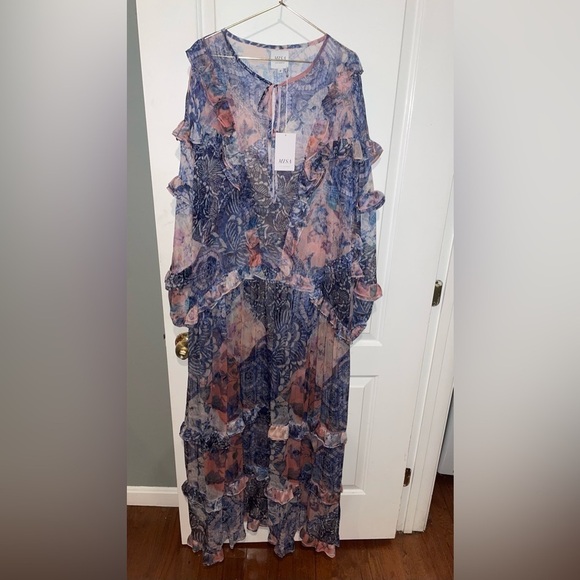 New!Misa Los Angeles Persephone Ruffle Maxi Dress Abstract Floral 🩵Medium NWT! - Picture 11 of 16